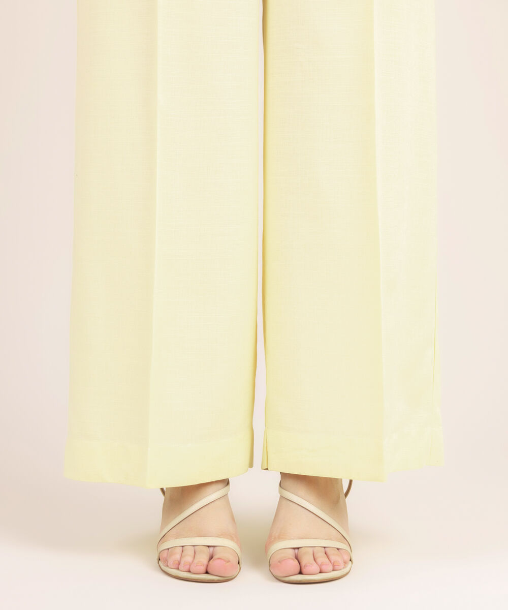 Women's RTW Cotton Viscose Solid Yellow Culottes