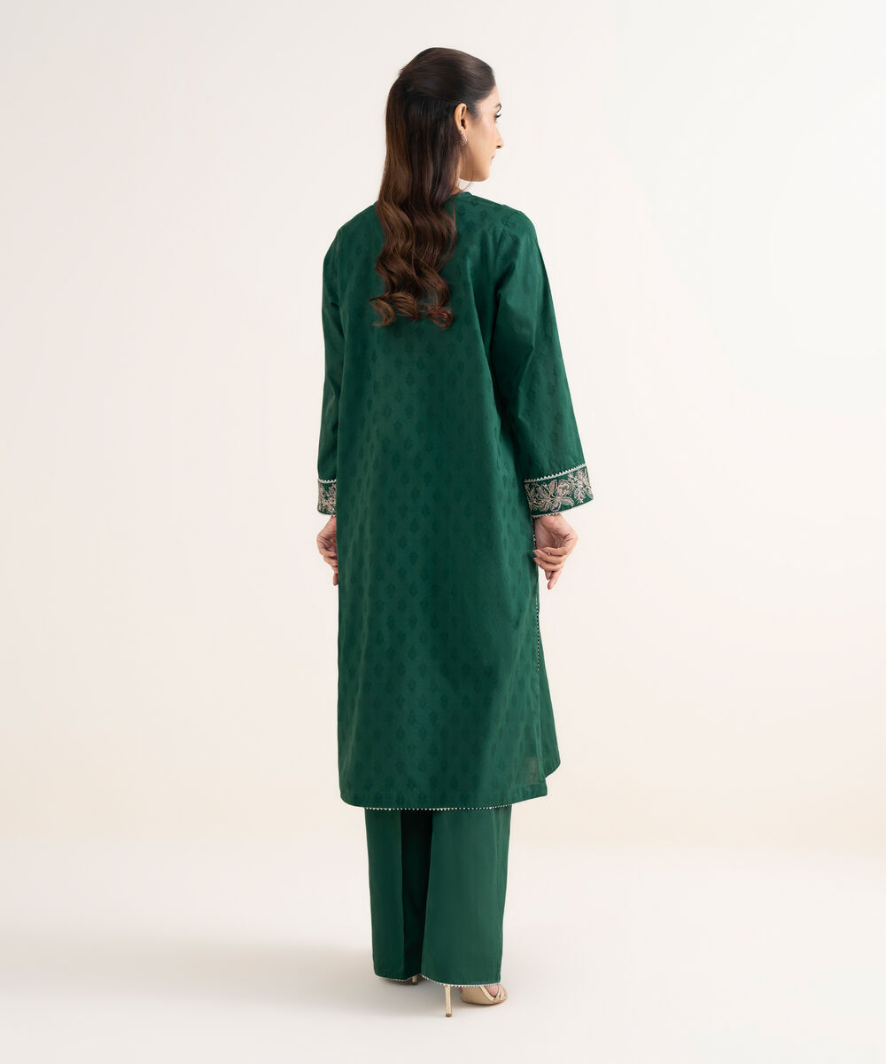 Women's RTW Self Jacquard Embroidered A-Line Green Shirt