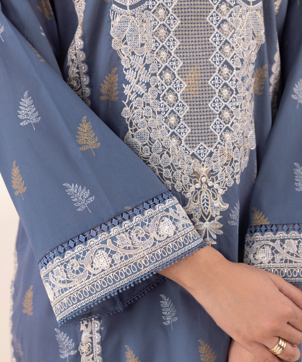 Women's RTW Lawn Blue Embroidered A-Line Shirt