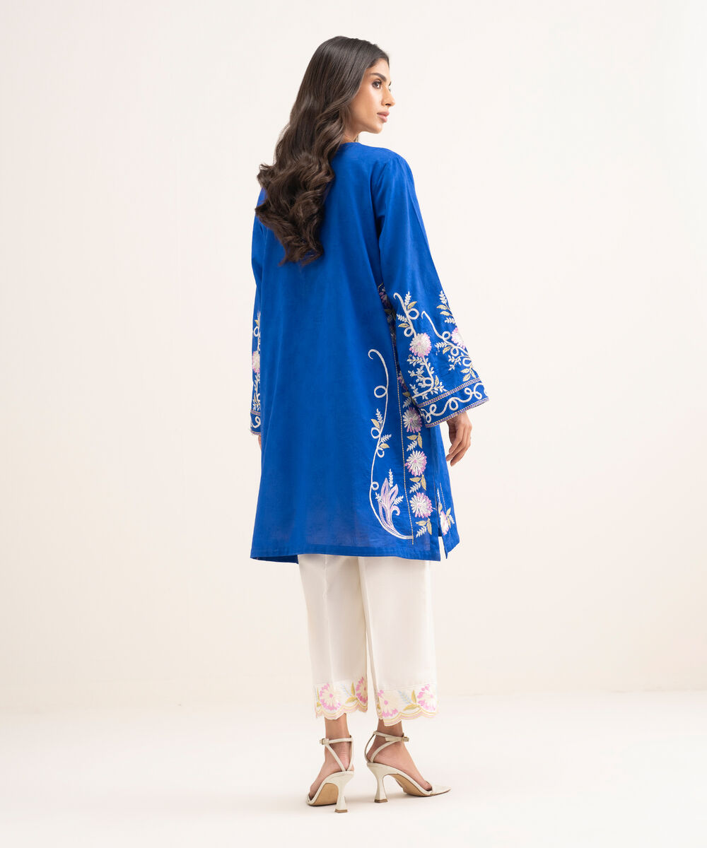 Women's RTW Self Jacquard Embroidered Blue Straight Shirt