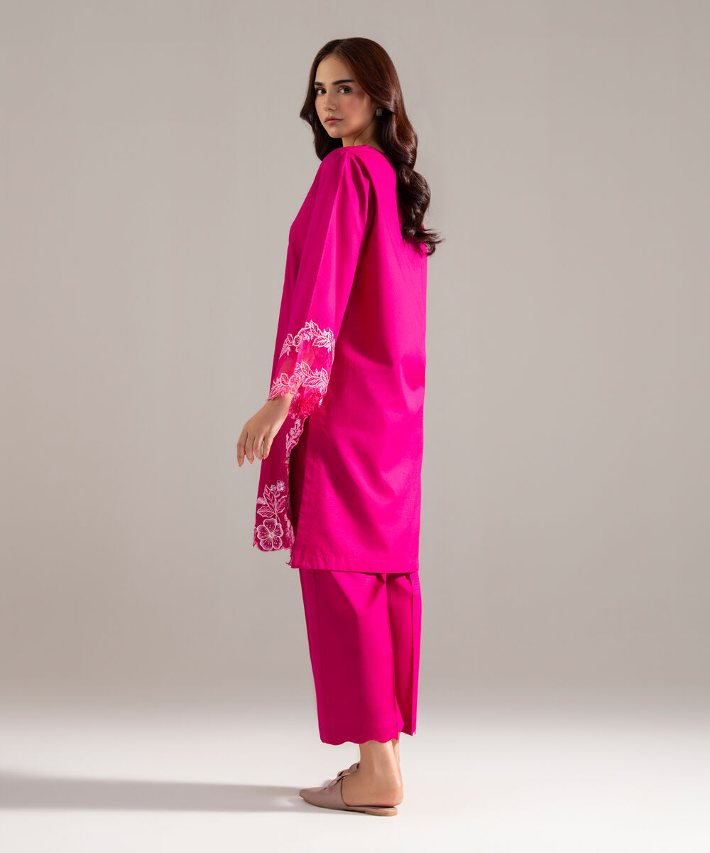 Women's RTW Dobby Solid Embroidered Pink Straight Shirt