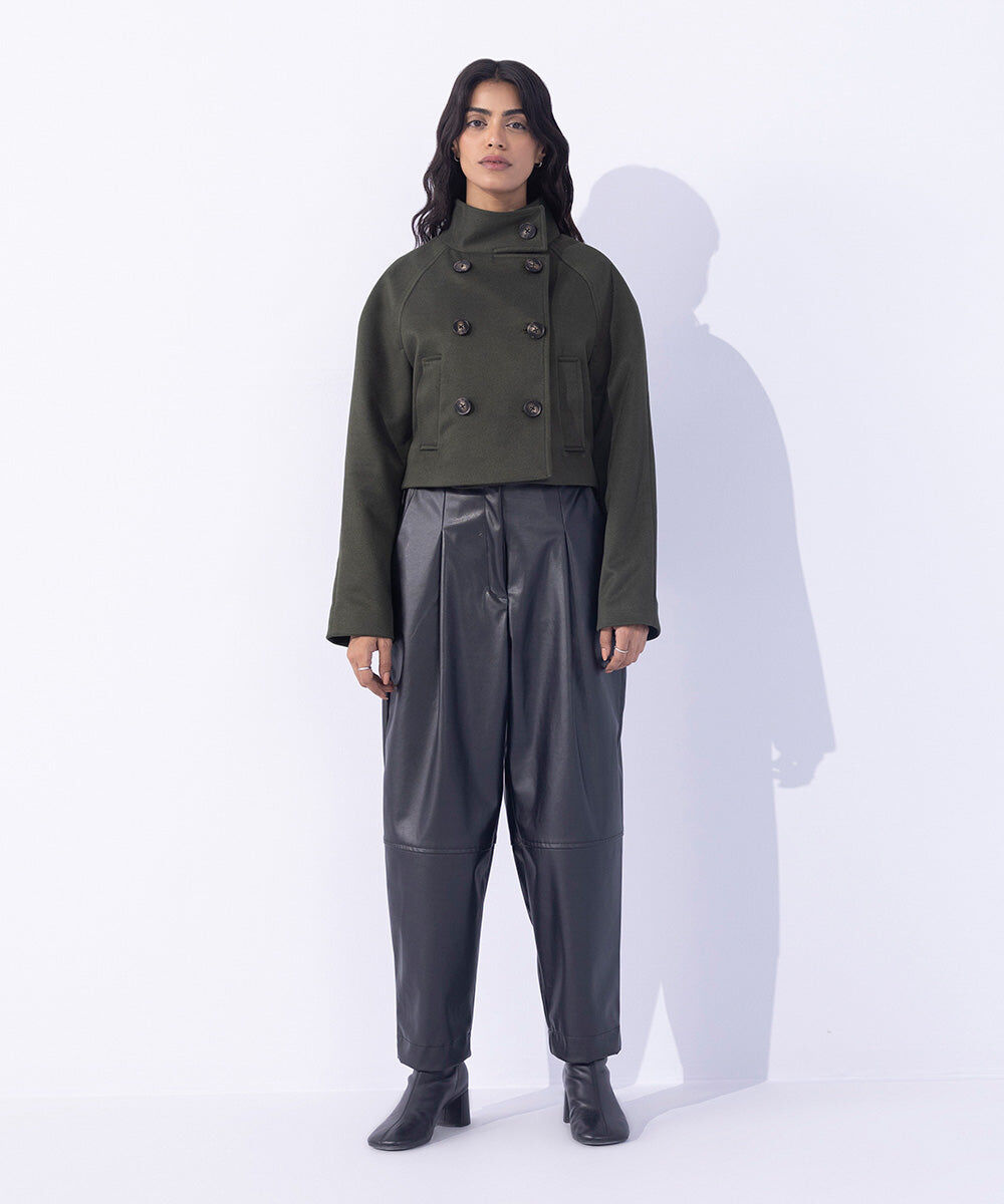 Woman - Green Cropped Double-Breasted Coat
