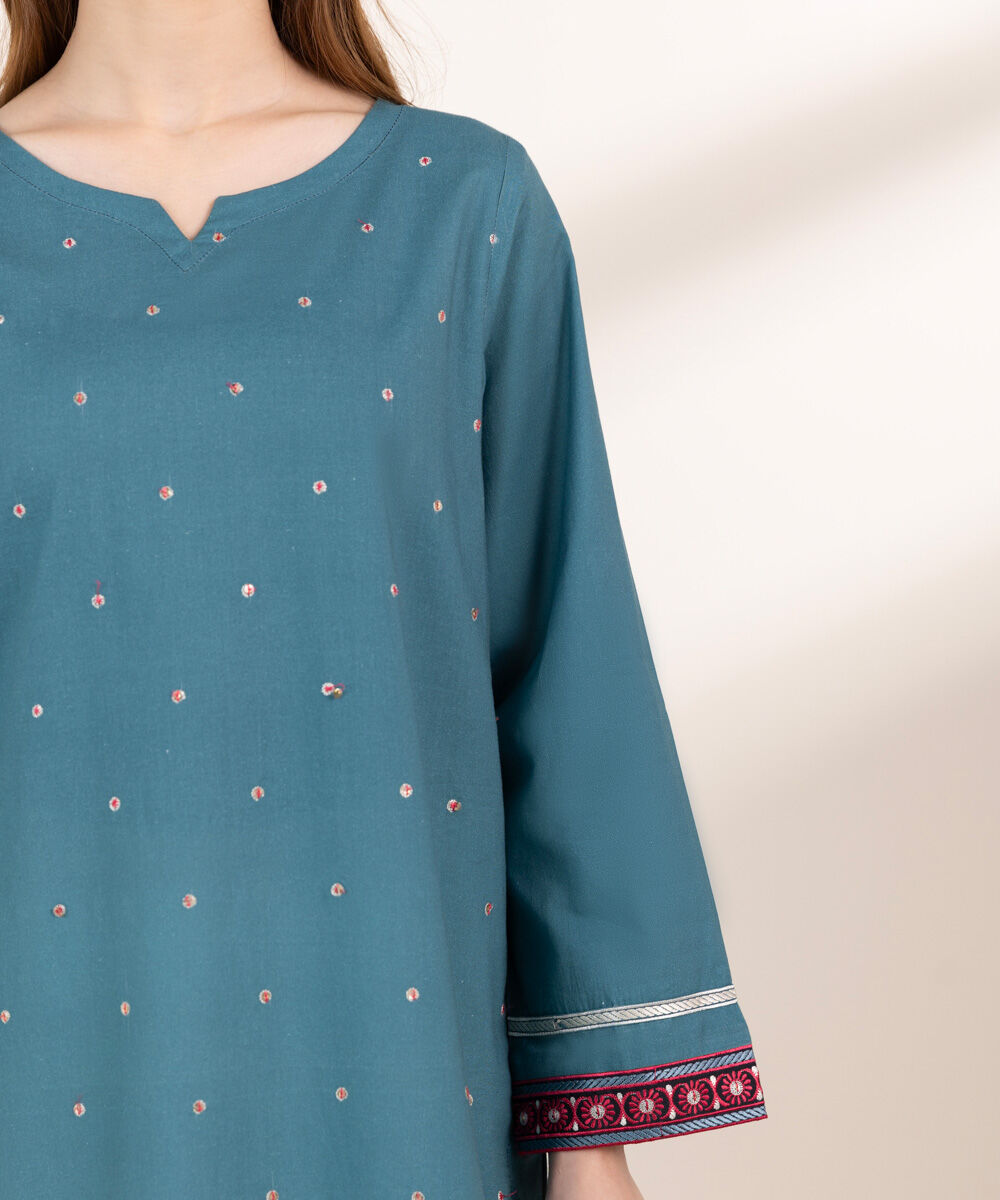 Women's Pret Cambric Green Embroidered Front Open Jacket