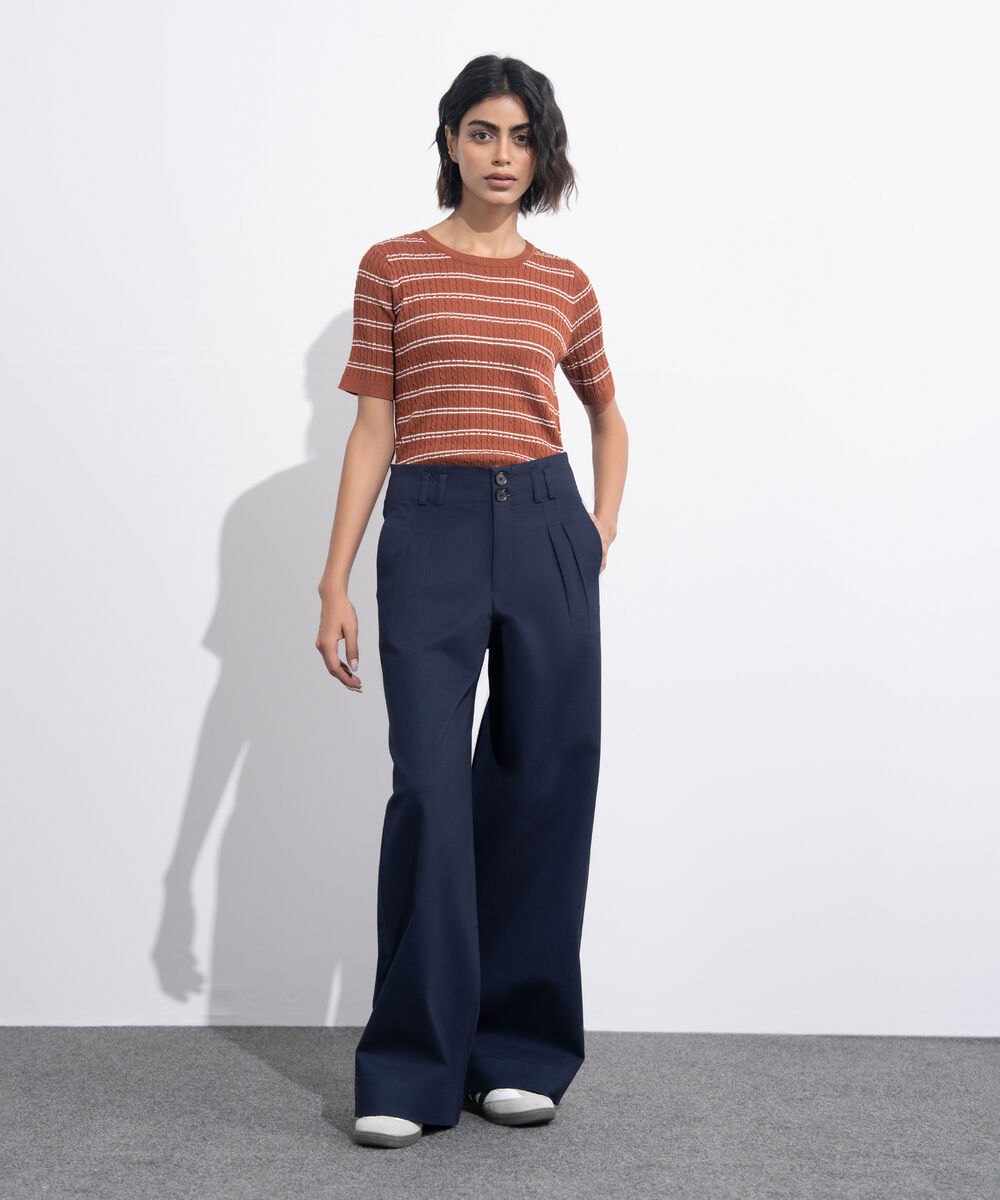 Women's Western Wear Blue Pleated Chino Trousers