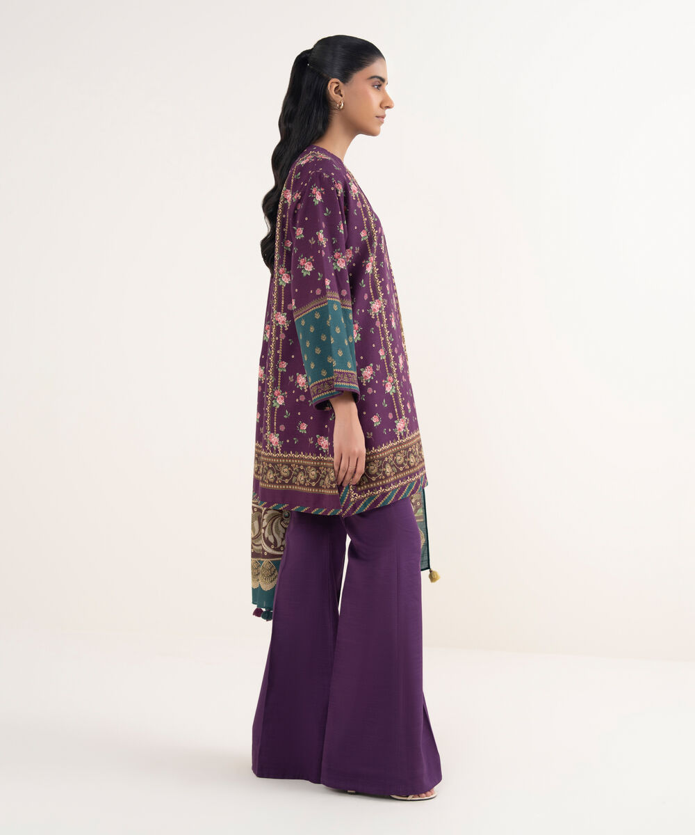 Women's Unstitched Light Khaddar Printed Purple 3 Piece Suit