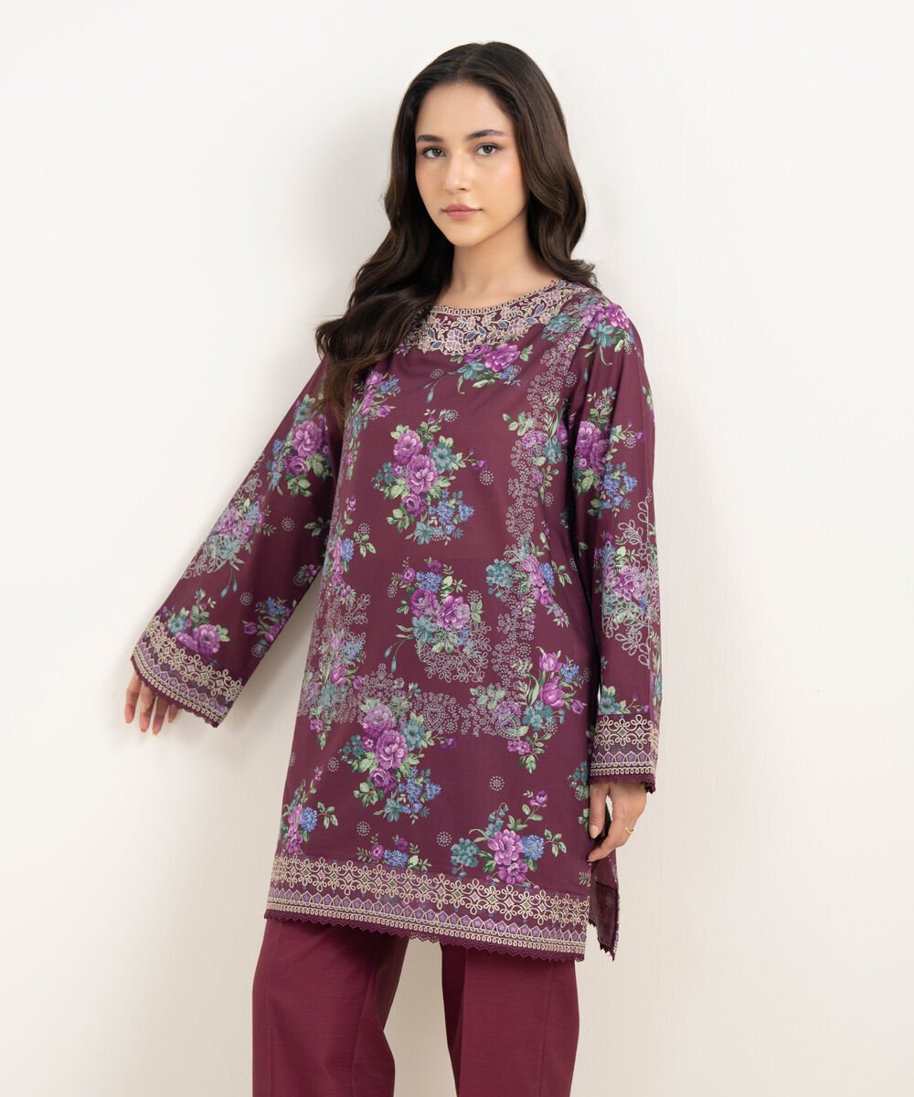 Women's RTW Lawn Embroidered Purple Straight Shirt