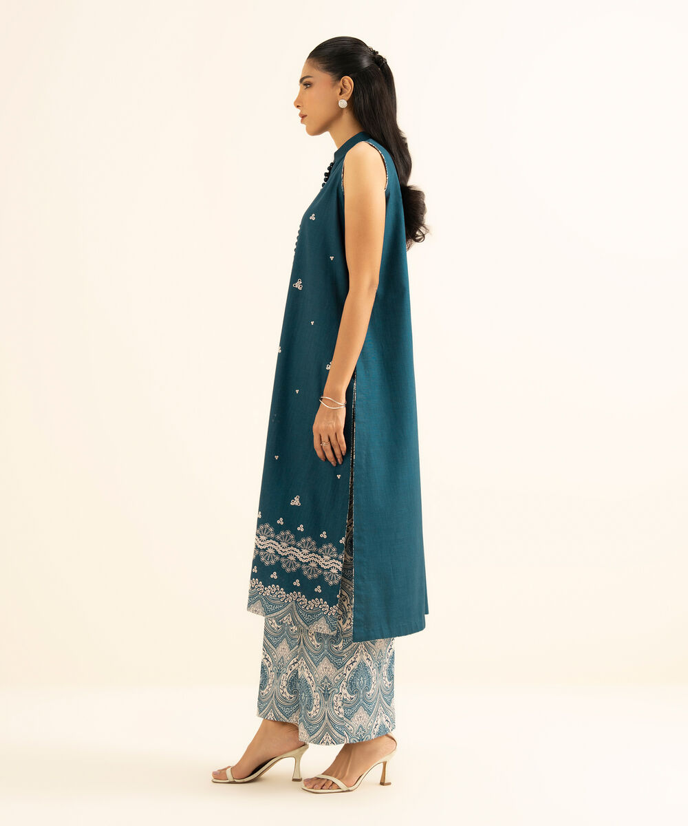 Women's Unstitched Cross Hatch Embroidered Blue 2 Piece Suit