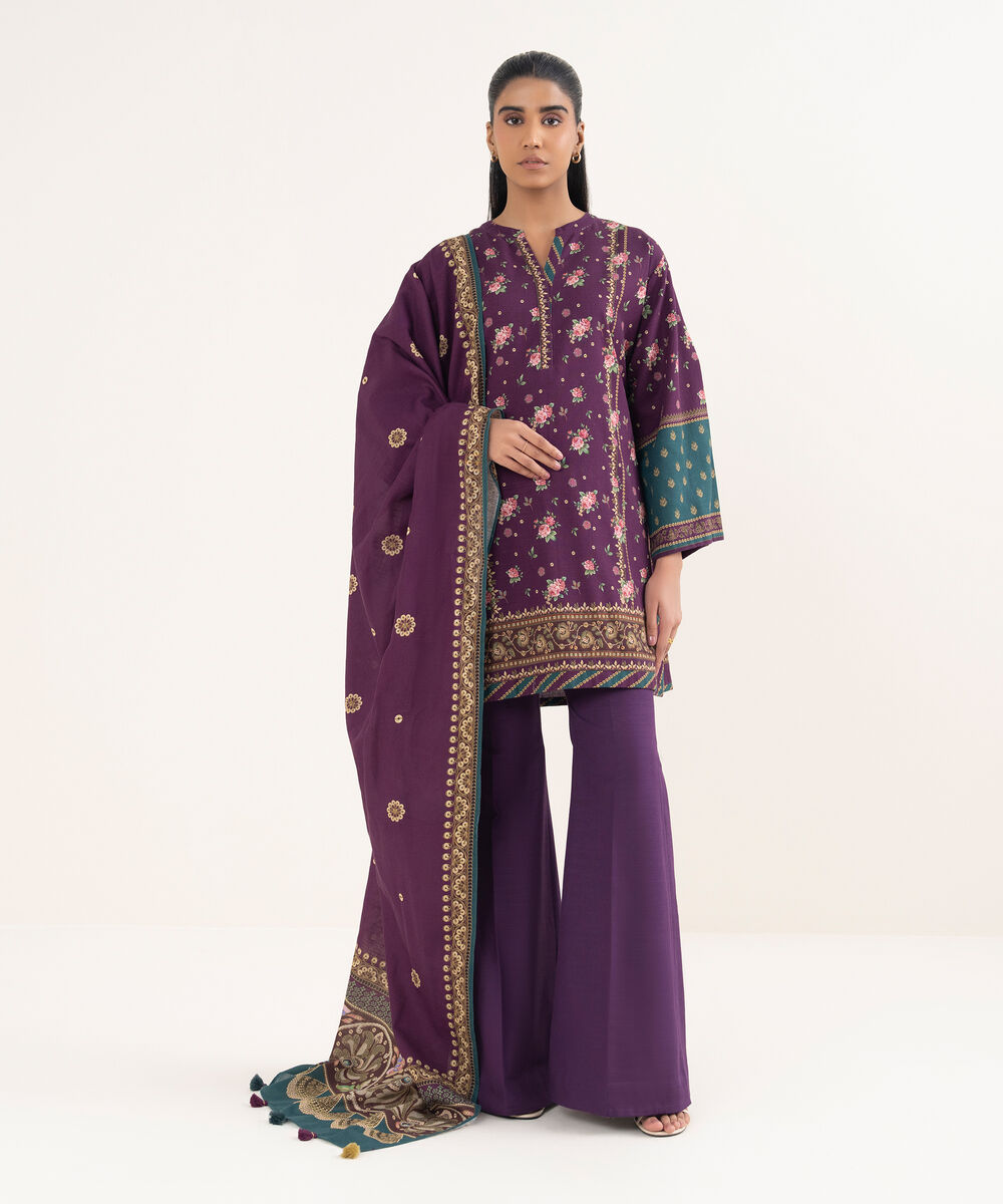 Women's Unstitched Light Khaddar Printed Purple 3 Piece Suit