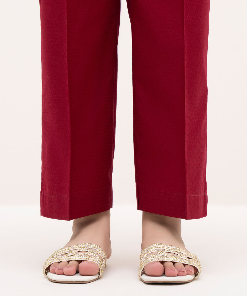 Women's RTW Textured Cotton Maroon Solid Straight Pants