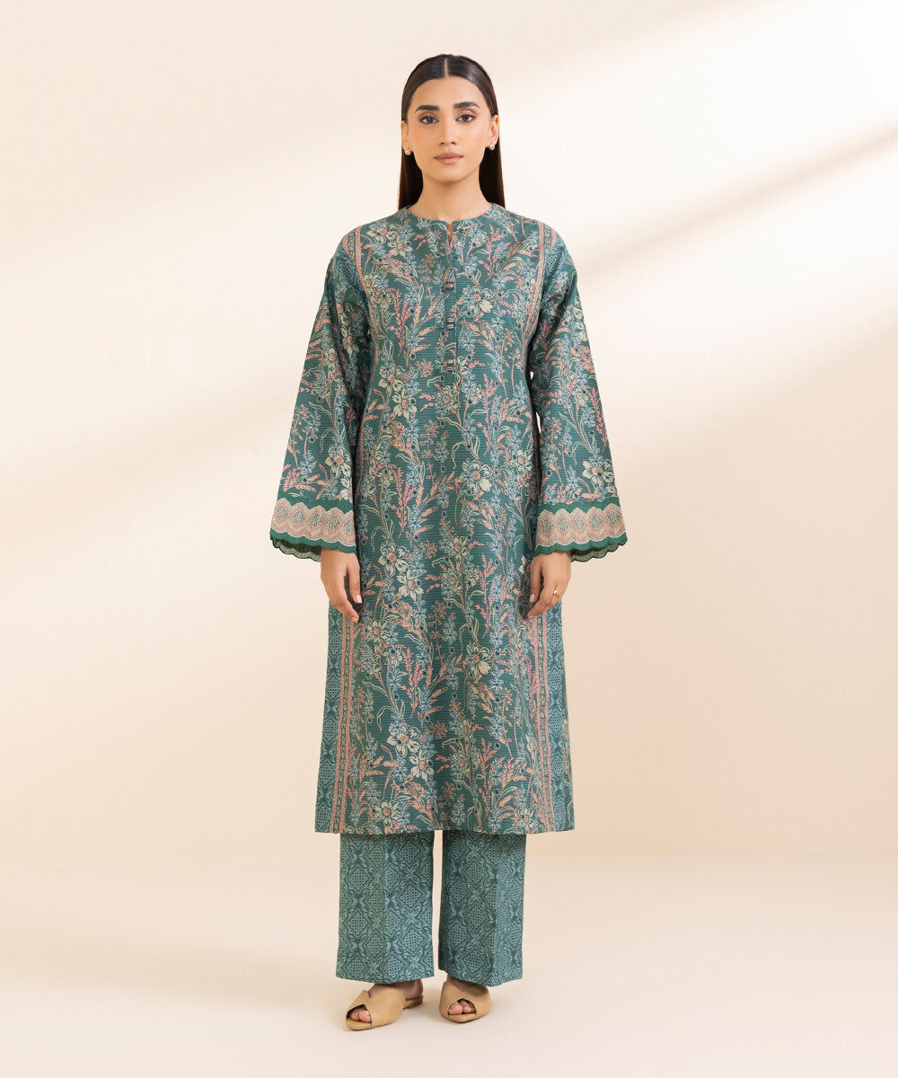 Women's Pret Zari Khaddar Green Embroidered 2 Piece Suit