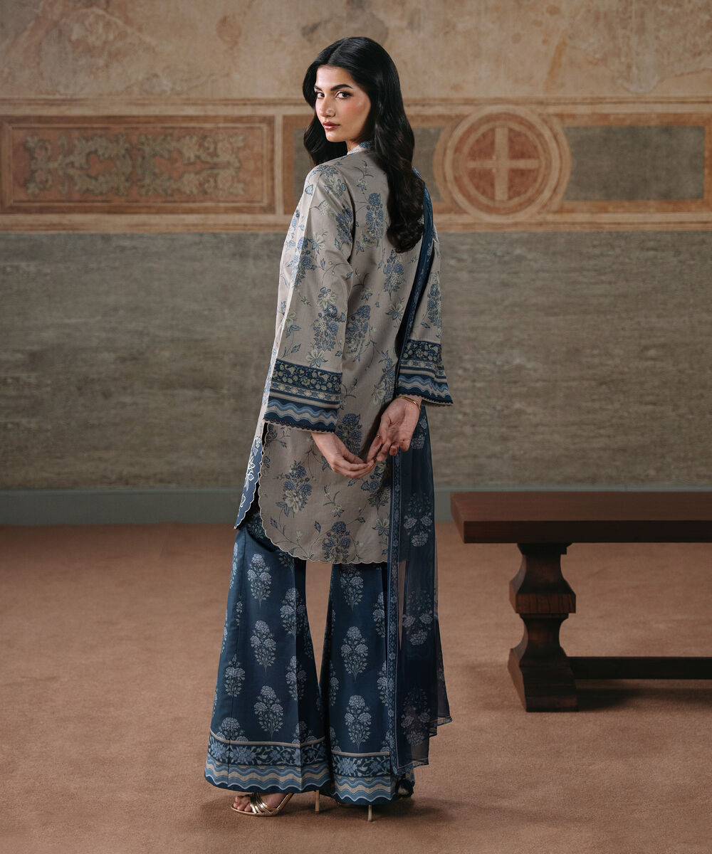 Women's Unstitched Lawn Embroidered Beige 3 Piece Suit