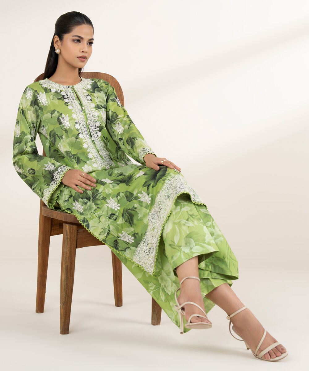Women's RTW Lawn Green Embroidered A-Line Shirt