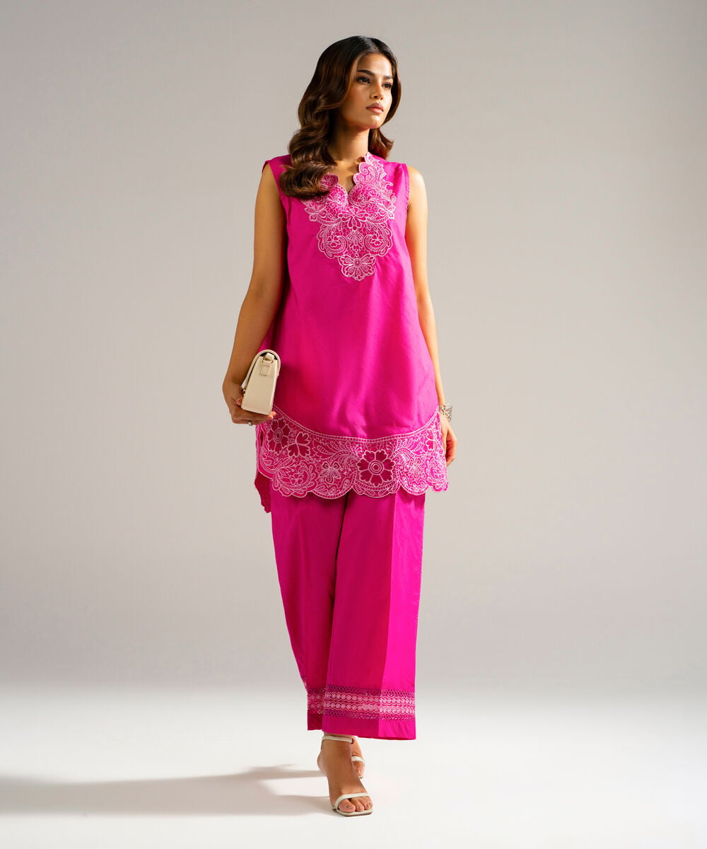 Women's RTW Self Jacquard Embroidered Pink 2 Piece Suit