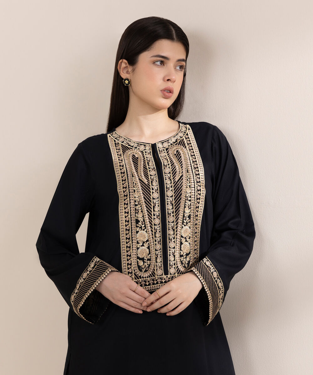 Women's RTW Arabic Lawn Black Embroidered A-Line Shirt
