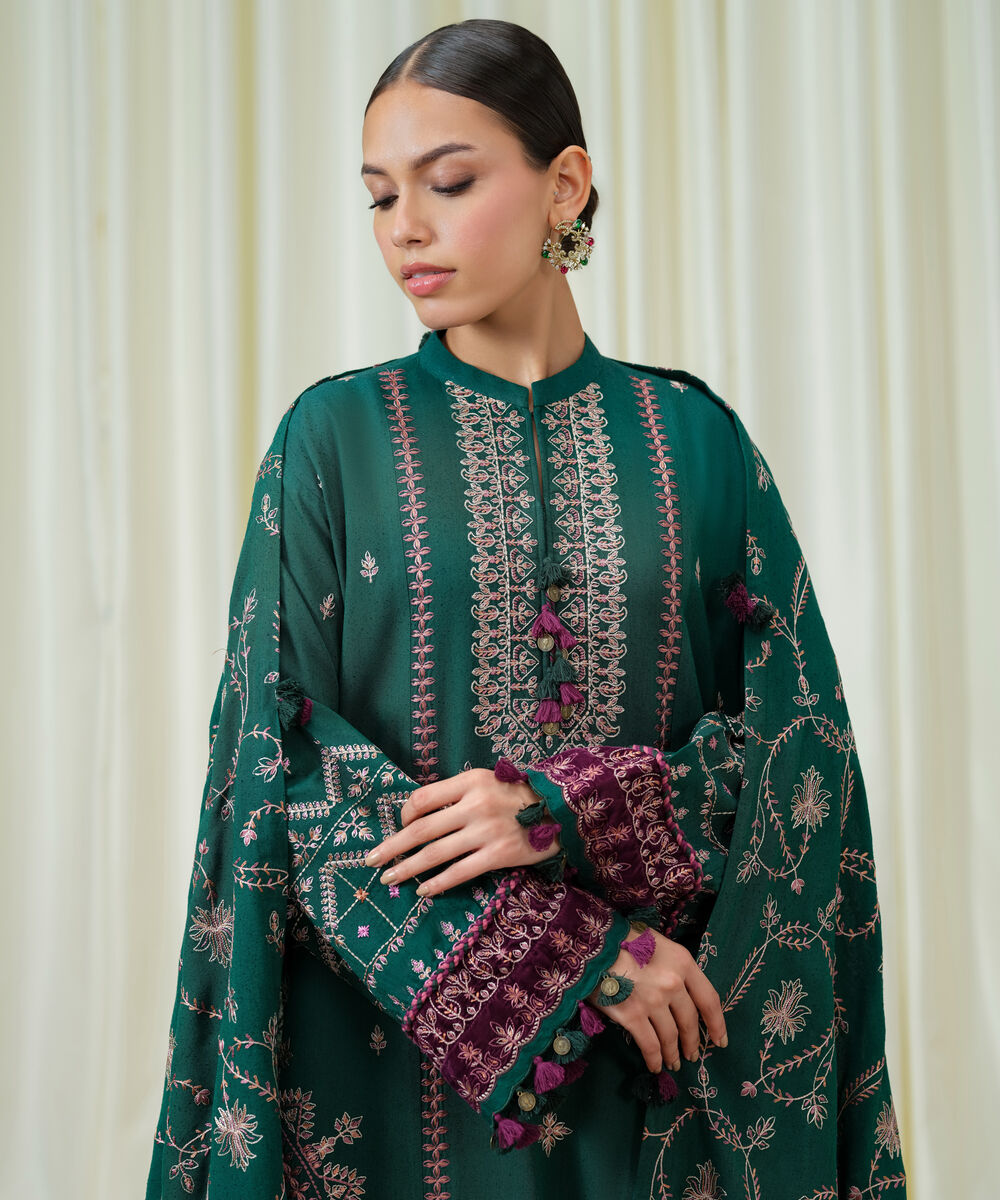 Women's Unstitched Cotton Karandi Embroidered Green 3 Piece Suit