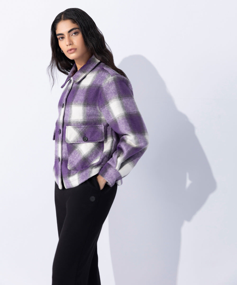 Woman - Purple Fuzzy Checkered Overshirt