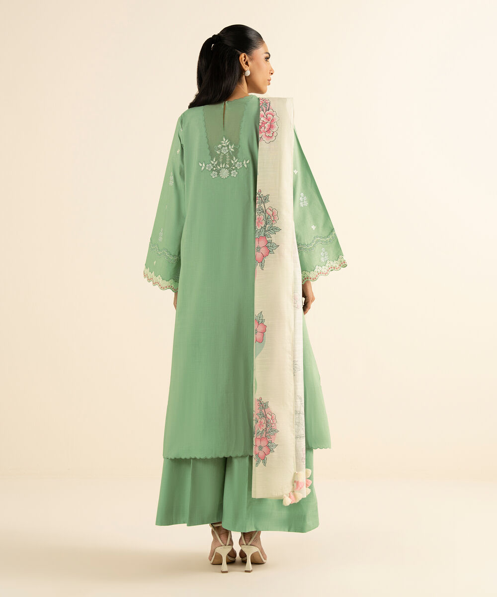 Women's Unstitched Cross Hatch Embroidered Green 3 Piece Suit