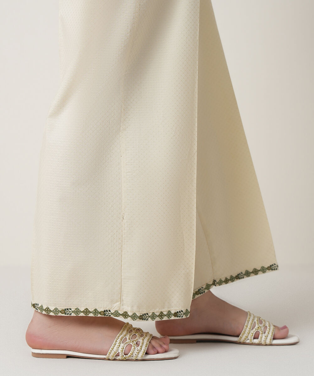 Women's RTW Textured Cotton Off White Embroidered Trousers