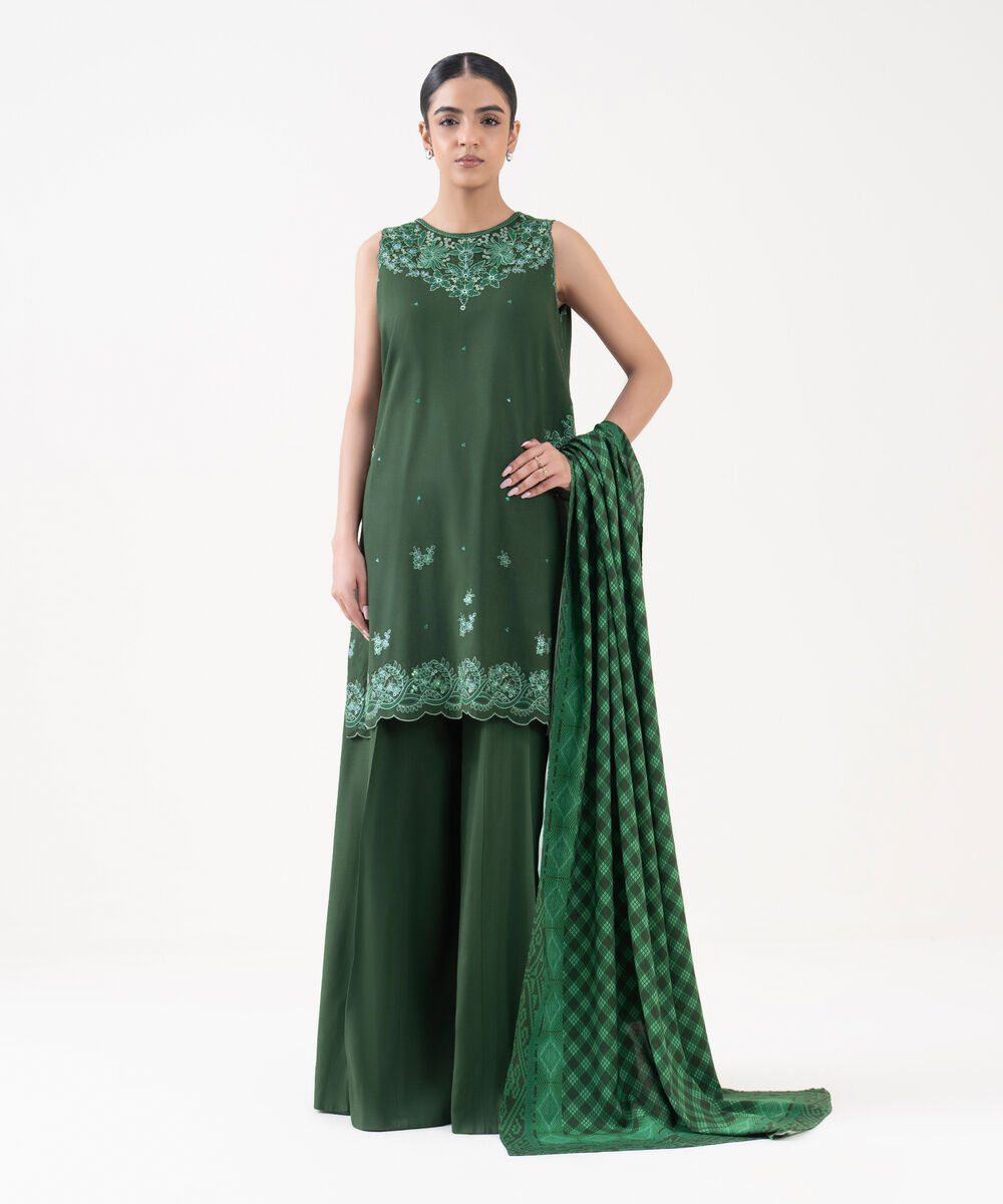 Women's Unstitched Linen Embroidered Green 3 Piece Suit