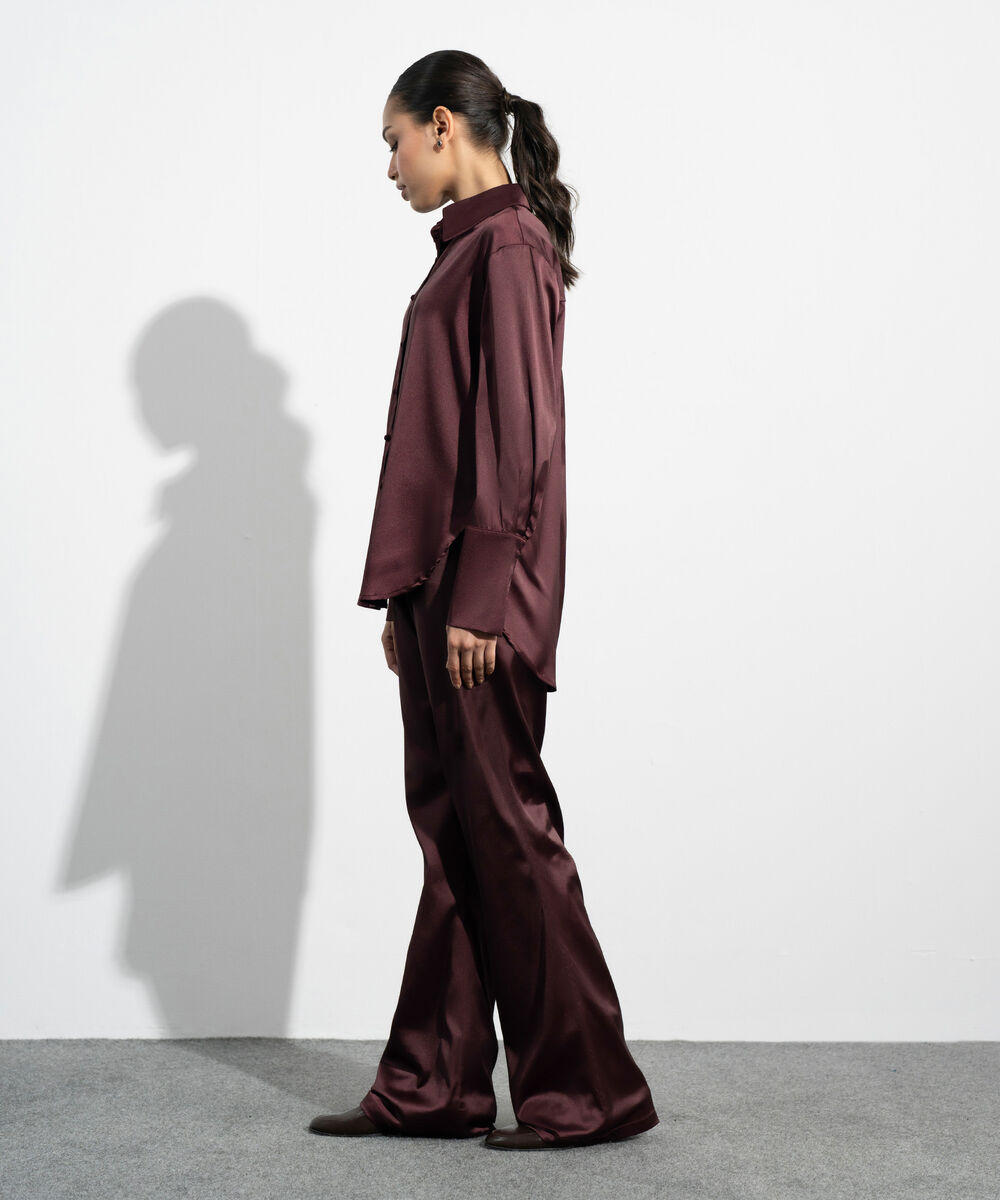 Women's Western Maroon Polka Dot Satin Shirt