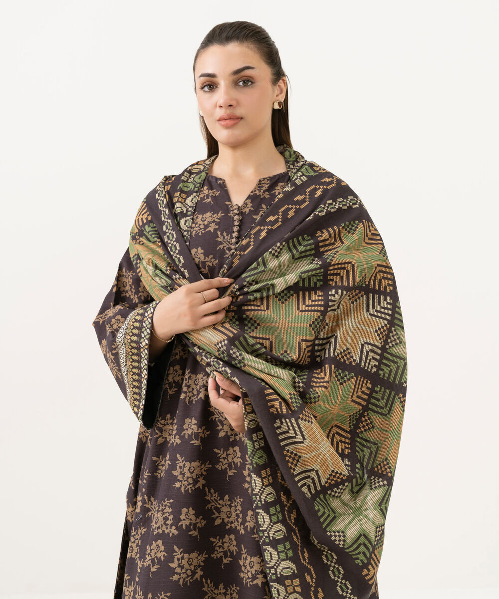 Women's Unstitched Light Khaddar Printed Brown 3 Piece Suit