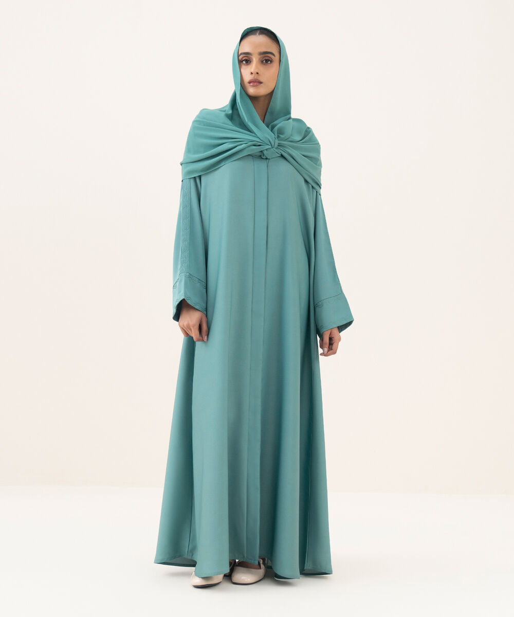 Women's turquoise button through Abaya with embroidery