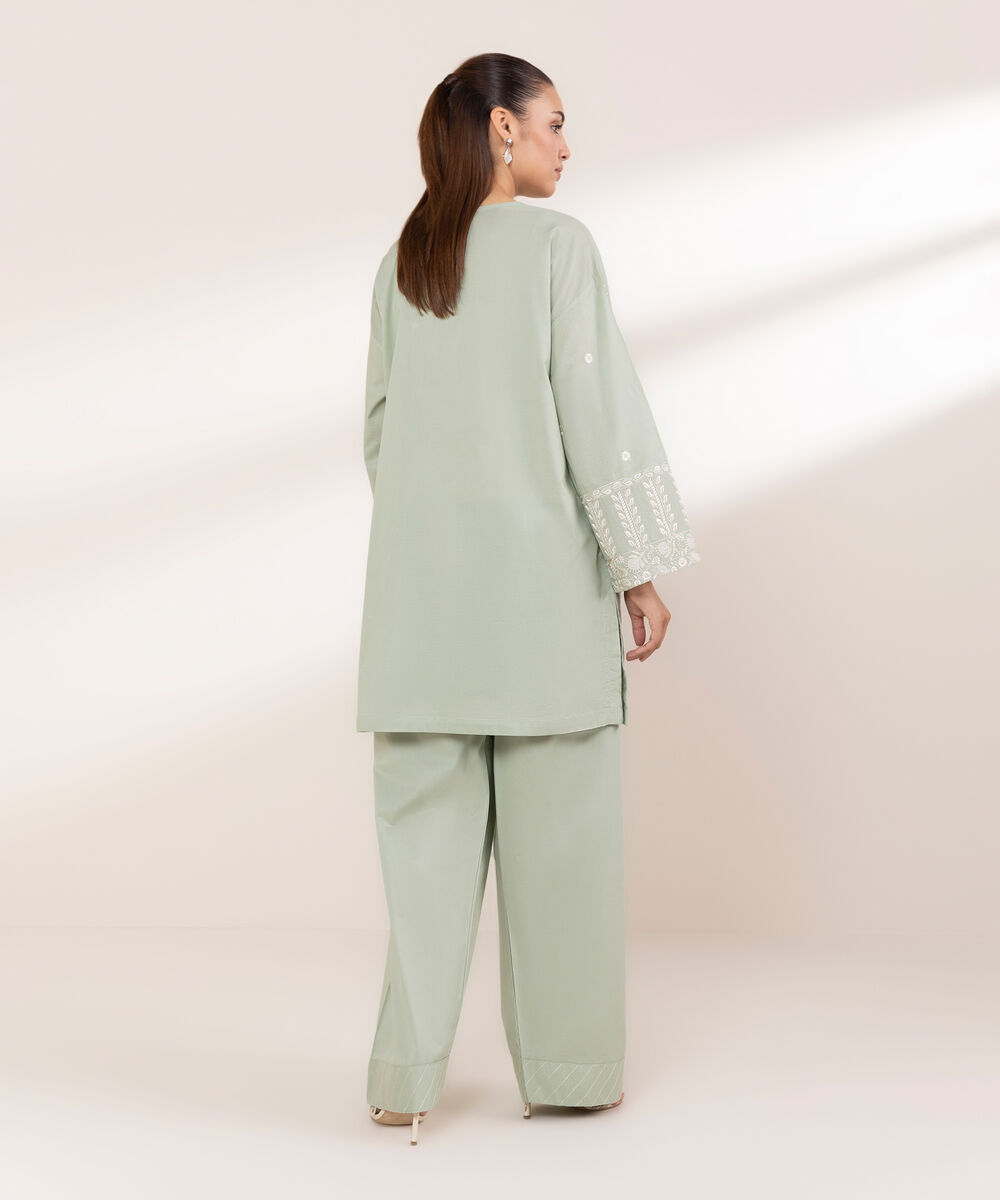 Women's RTW Textured Lawn Green Embroidered Boxy Shirt