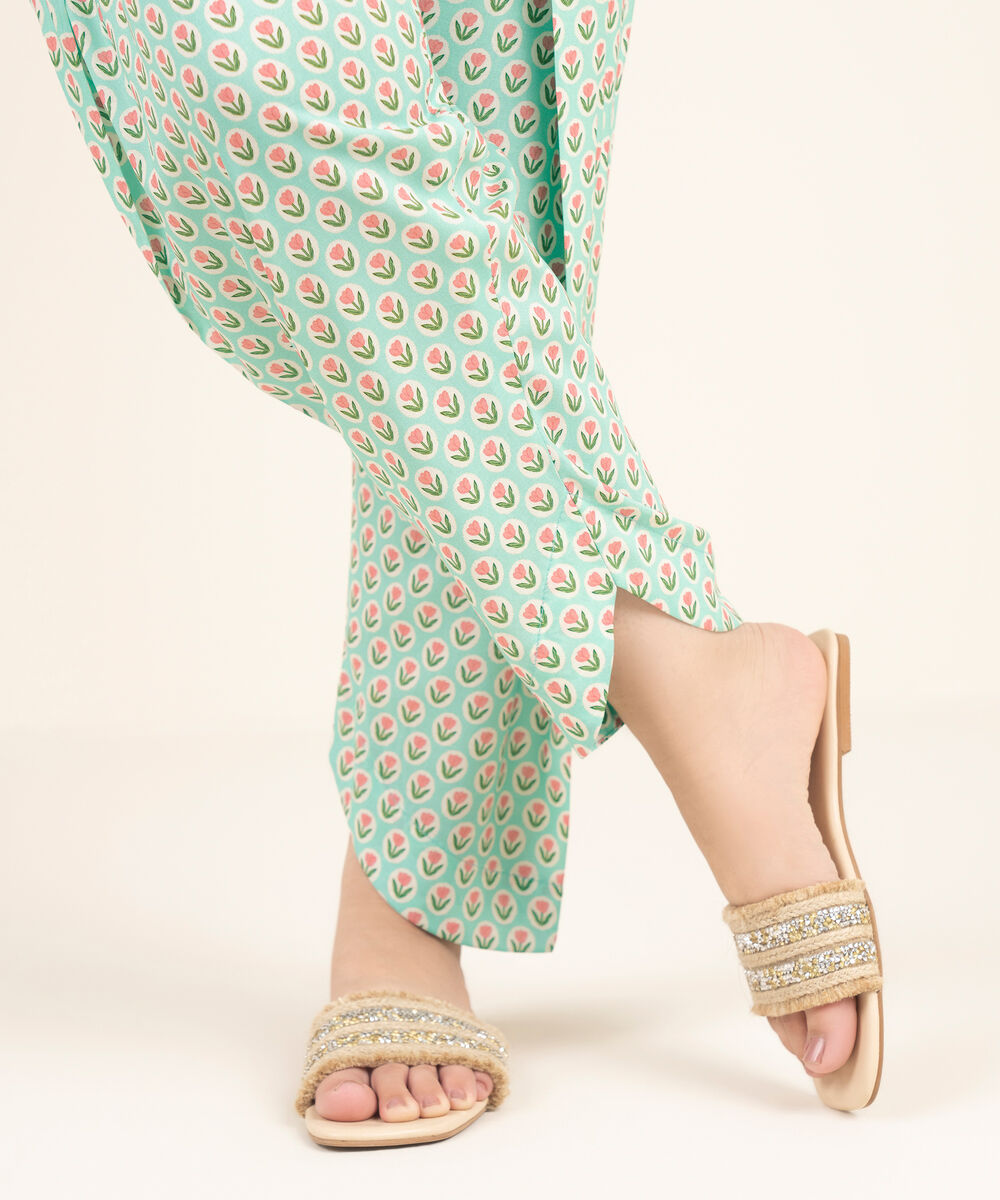 Women's RTW Linen Viscose Printed Turquoise Shalwar