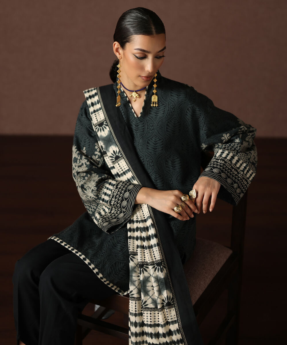 Women's Unstitched Light Khaddar Printed Black 3 Piece Suit