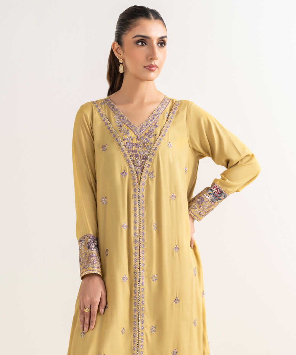 Women's RTW Viscose Raw Silk Yellow Embroidered A-Line Shirt