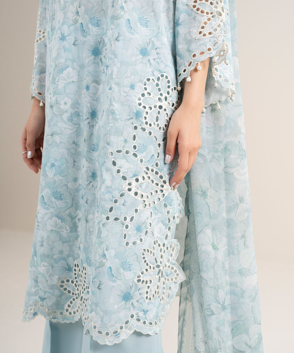 Women's Unstitched Lawn Embroidered Blue 3 Piece Suit