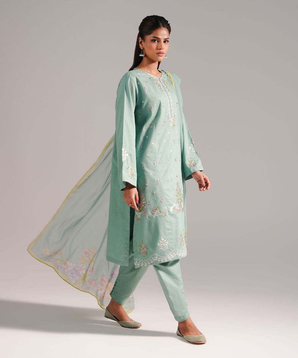 Women's RTW Dobby Embroidered Green 3 Piece Suit
