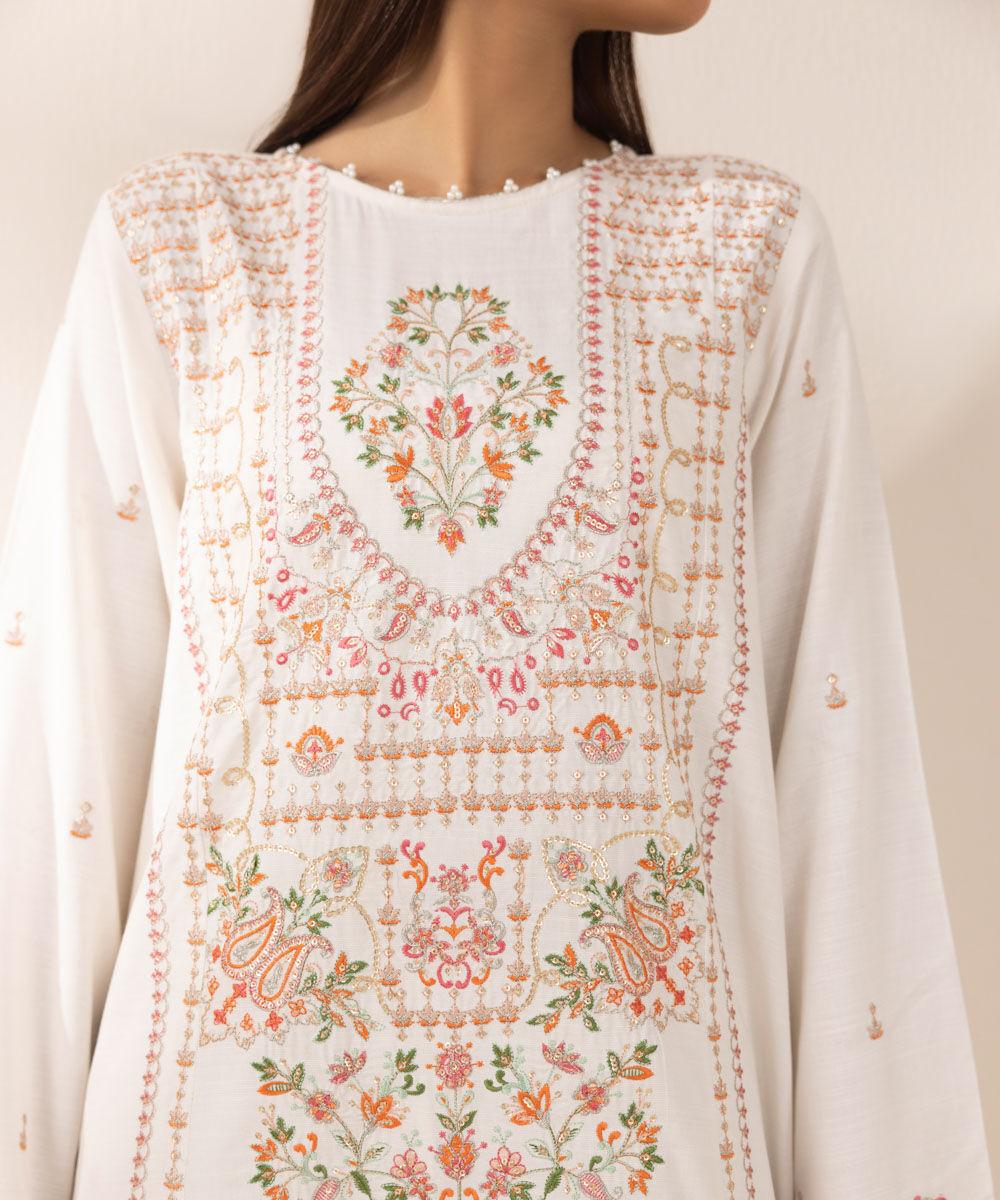 Women's Pret Cotton Viscose White Embroidered A-Line Shirt