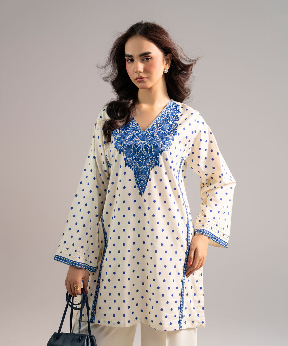 Women's RTW Cotton Viscose Embroidered Off White Straight Shirt