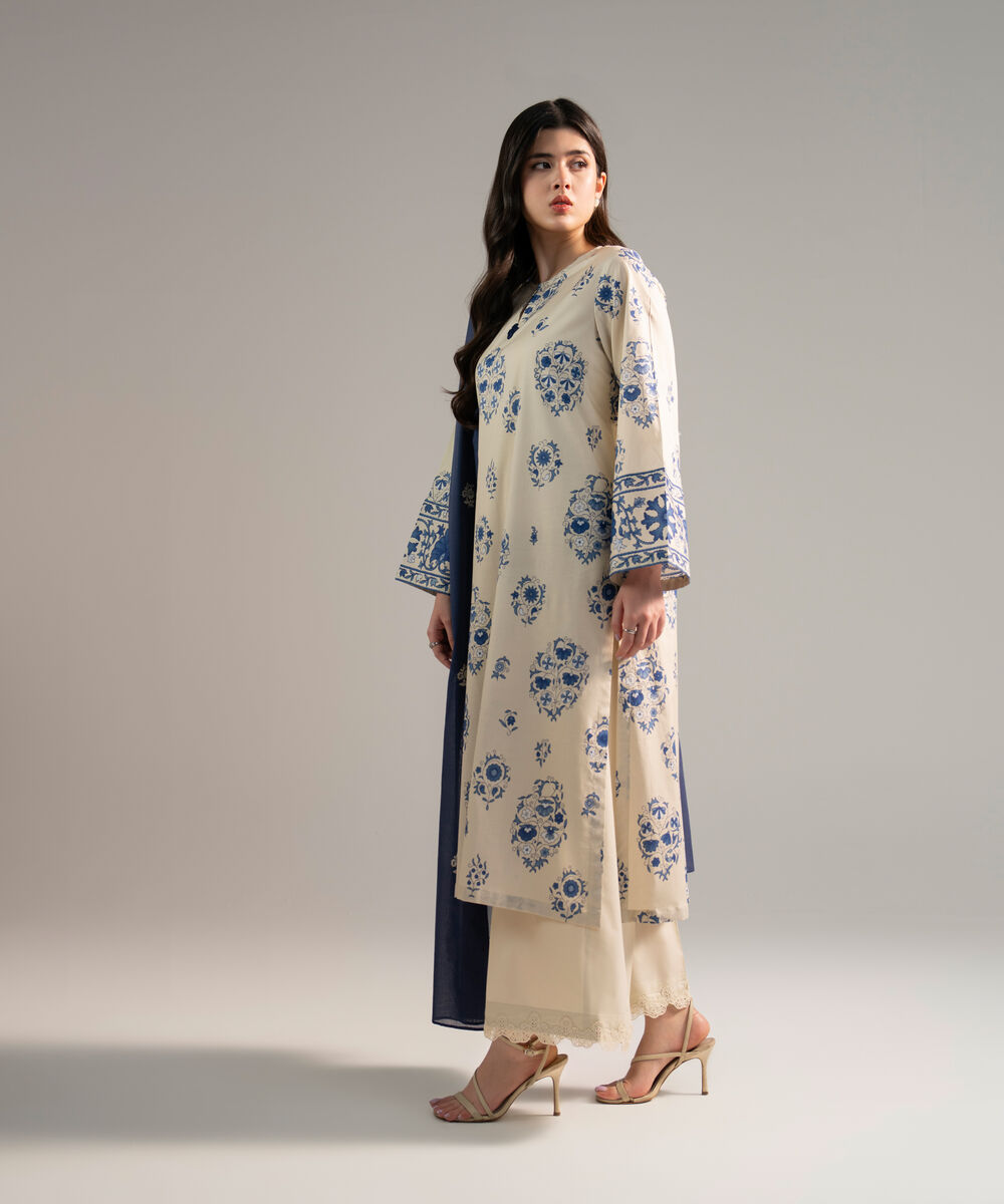 Women's RTW Pima Cotton Printed Off White 3 Piece Suit