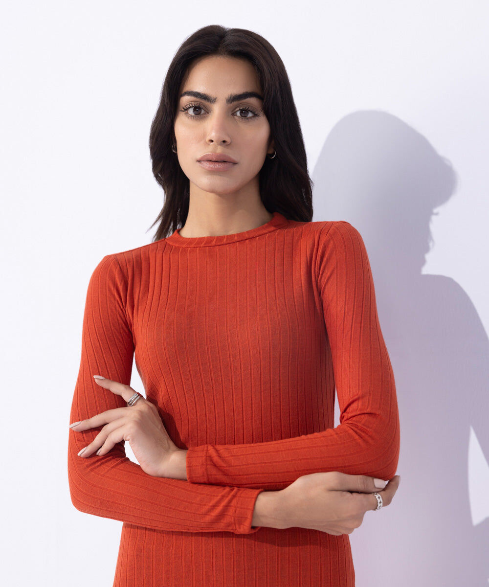 Woman - Orange Jersey Ribbed Dress