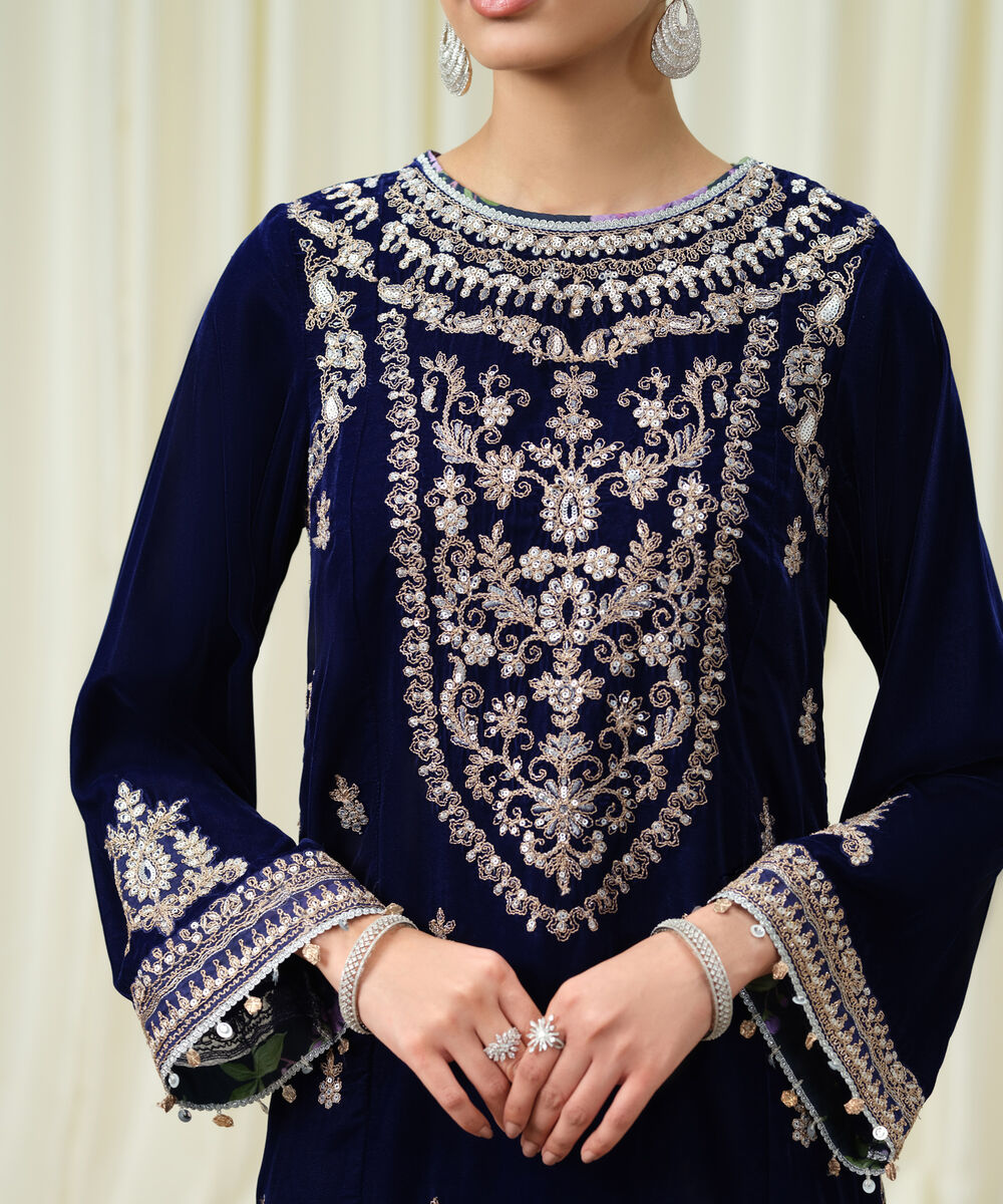 Women's Unstitched Velvet Embroidered Blue 3 Piece Suit