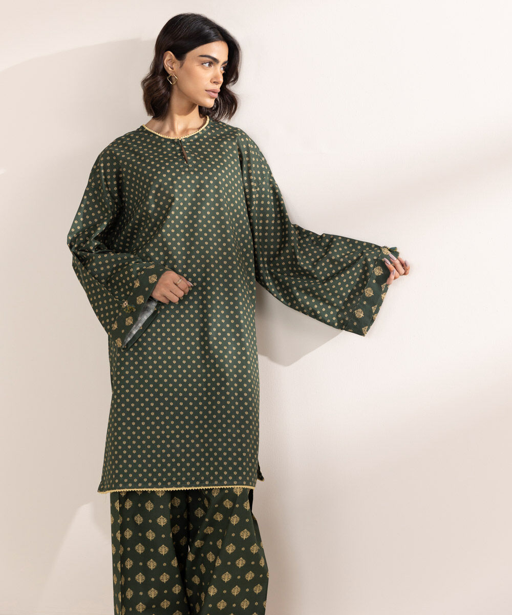 Women's RTW Cross Hatch Green Printed Boxy Shirt