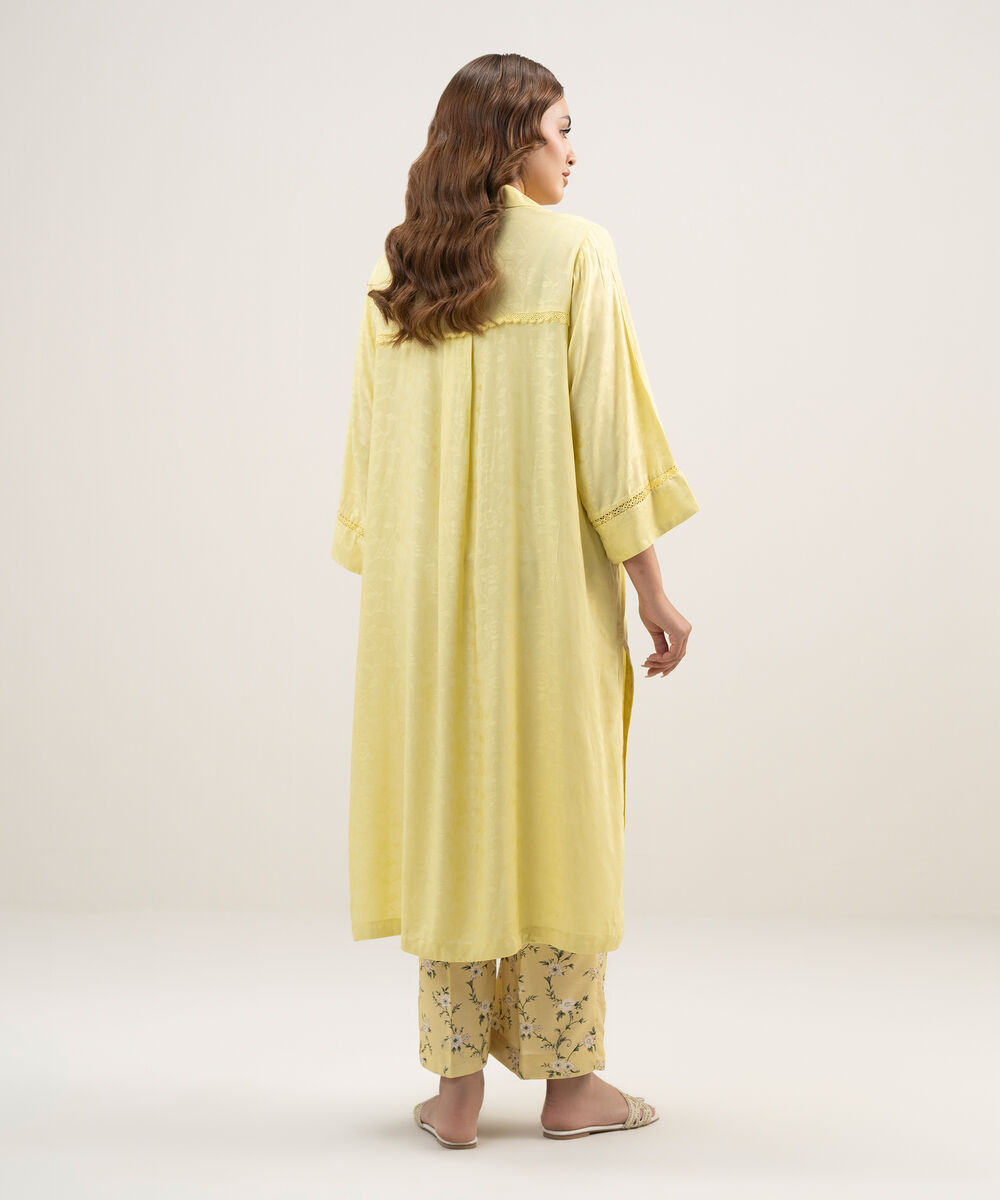 Women's RTW Arabic Self Jacquard Solid Lime Yellow Straight Shirt