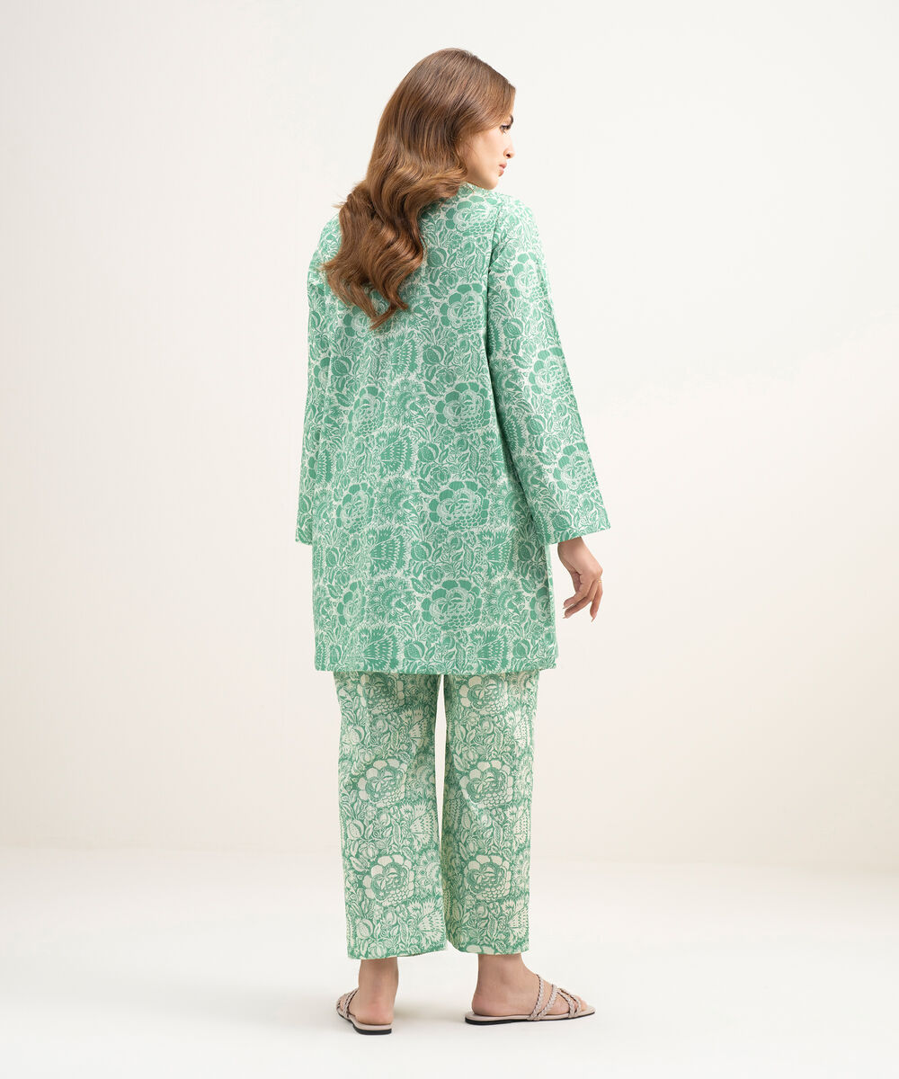 Women's RTW Seersucker Printed Green Straight Shirt