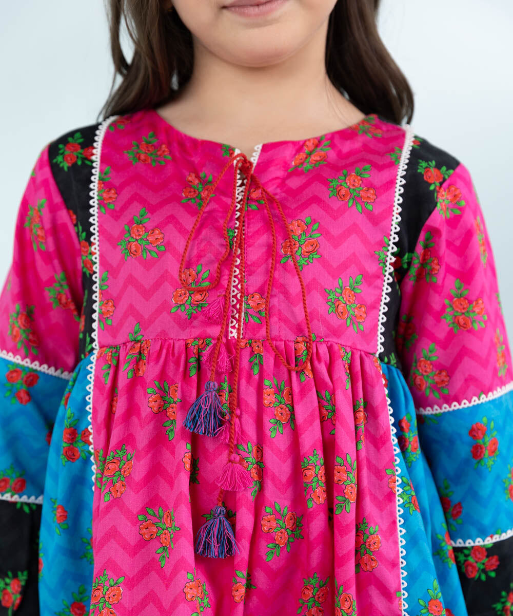 Girls Printed Cambric Dress in Pink
