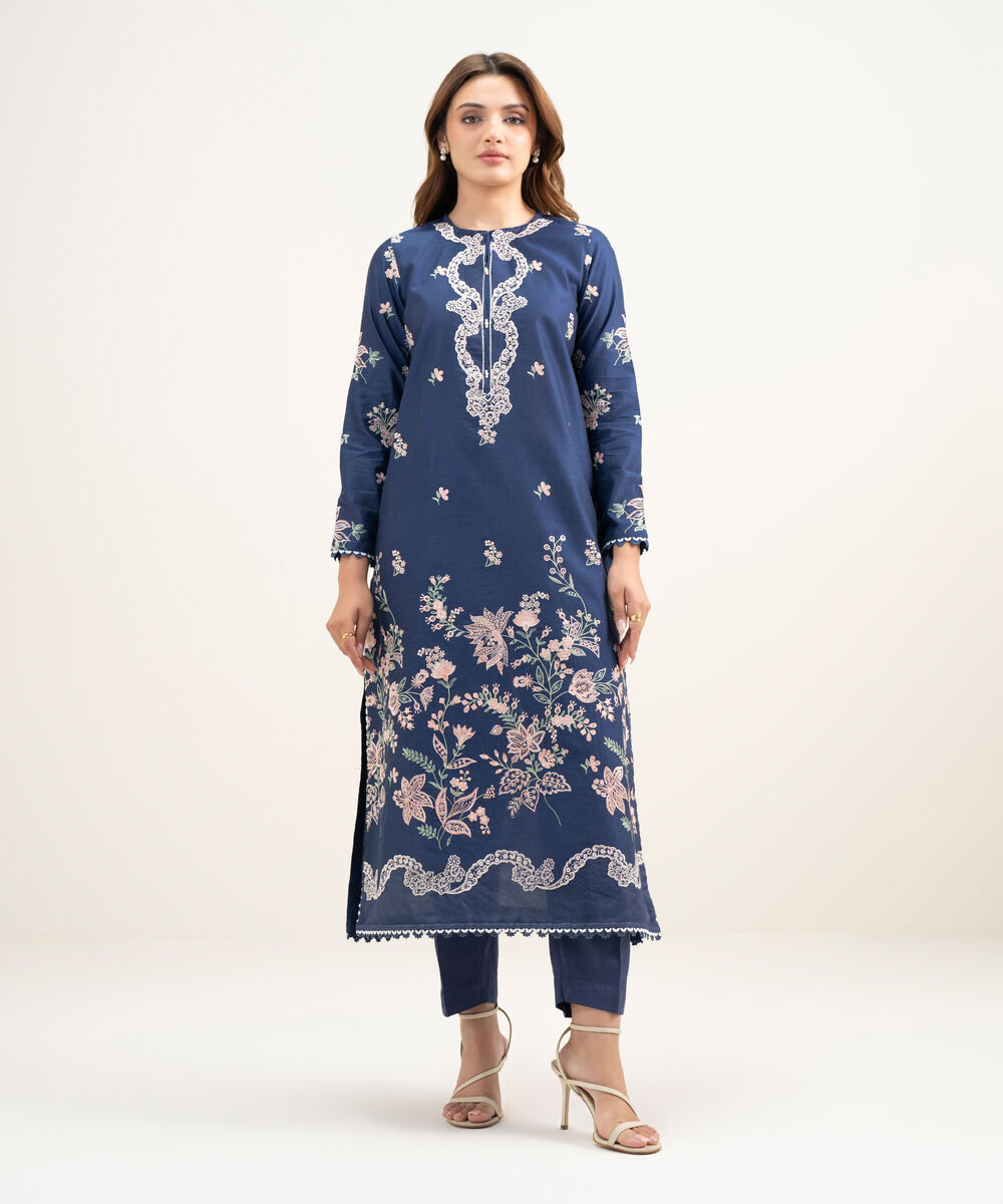 Women's RTW Silk Cotton Net Embroidered Dark Blue 2 Piece Suit