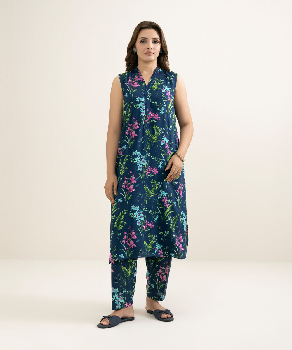 Women's RTW Arabic Lawn Printed Blue 2 Piece Suit