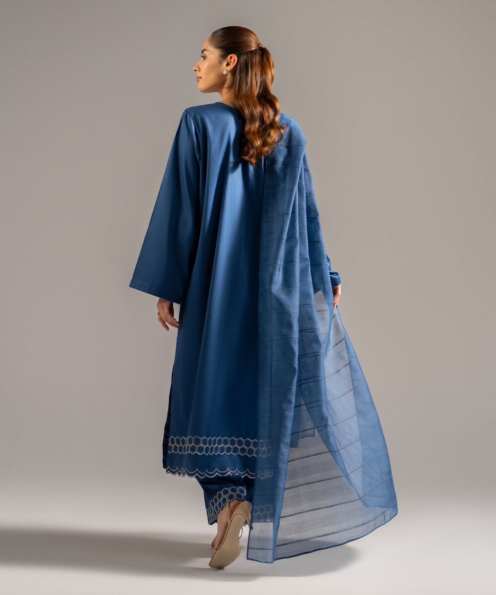 Women's RTW Cotton Satin Embroidered Dark Blue 3 Piece Suit