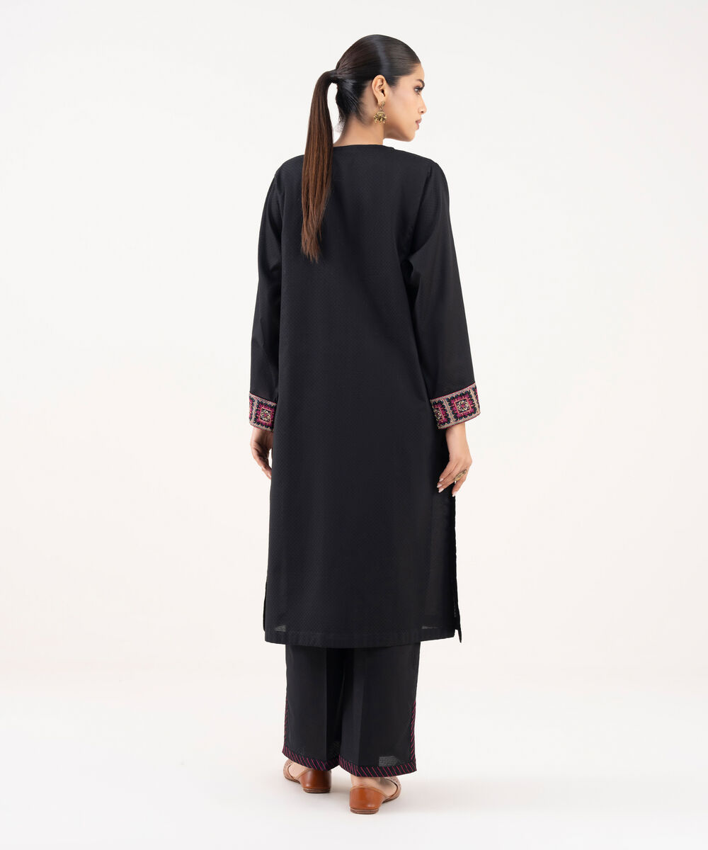 Women's RTW Textured Lawn Black Embroidered A-Line Shirt