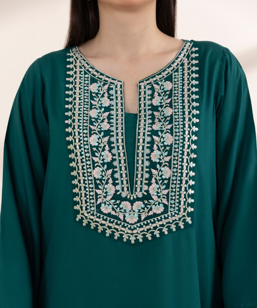 Women's RTW Arabic Lawn Green Embroidered A-Line Shirt