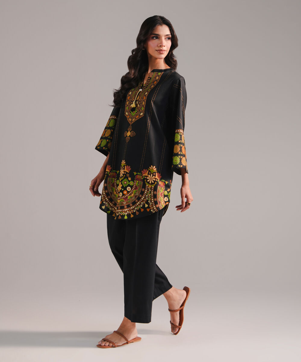 Women's RTW Cotton Viscose Printed Black Straight Shirt