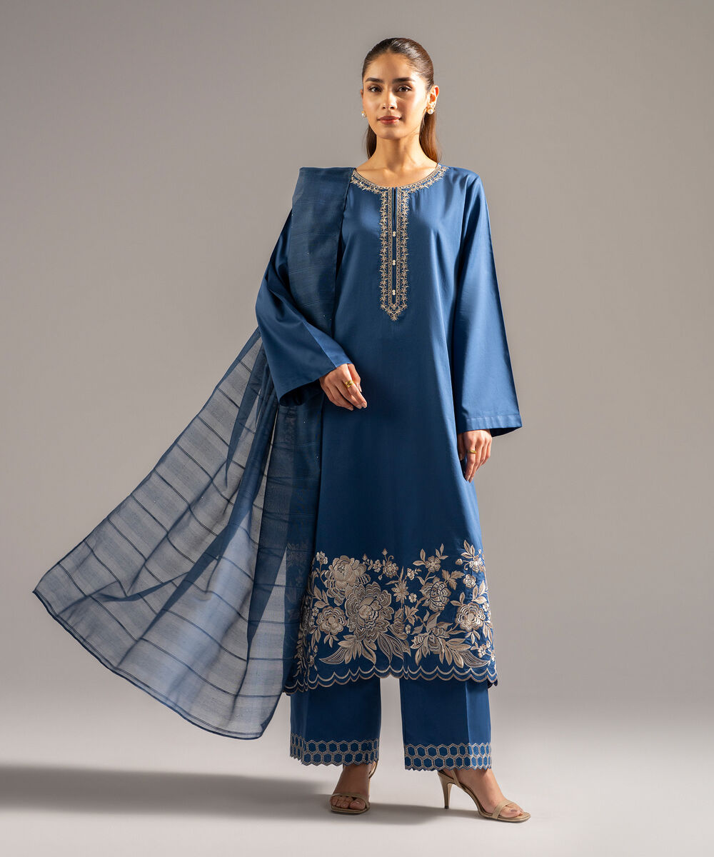Women's RTW Cotton Satin Embroidered Dark Blue 3 Piece Suit