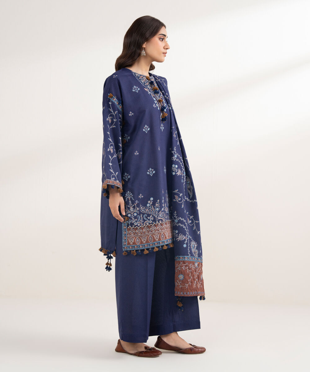 Women's RTW Cotton Karandi Embroidered Blue 3 Piece Suit