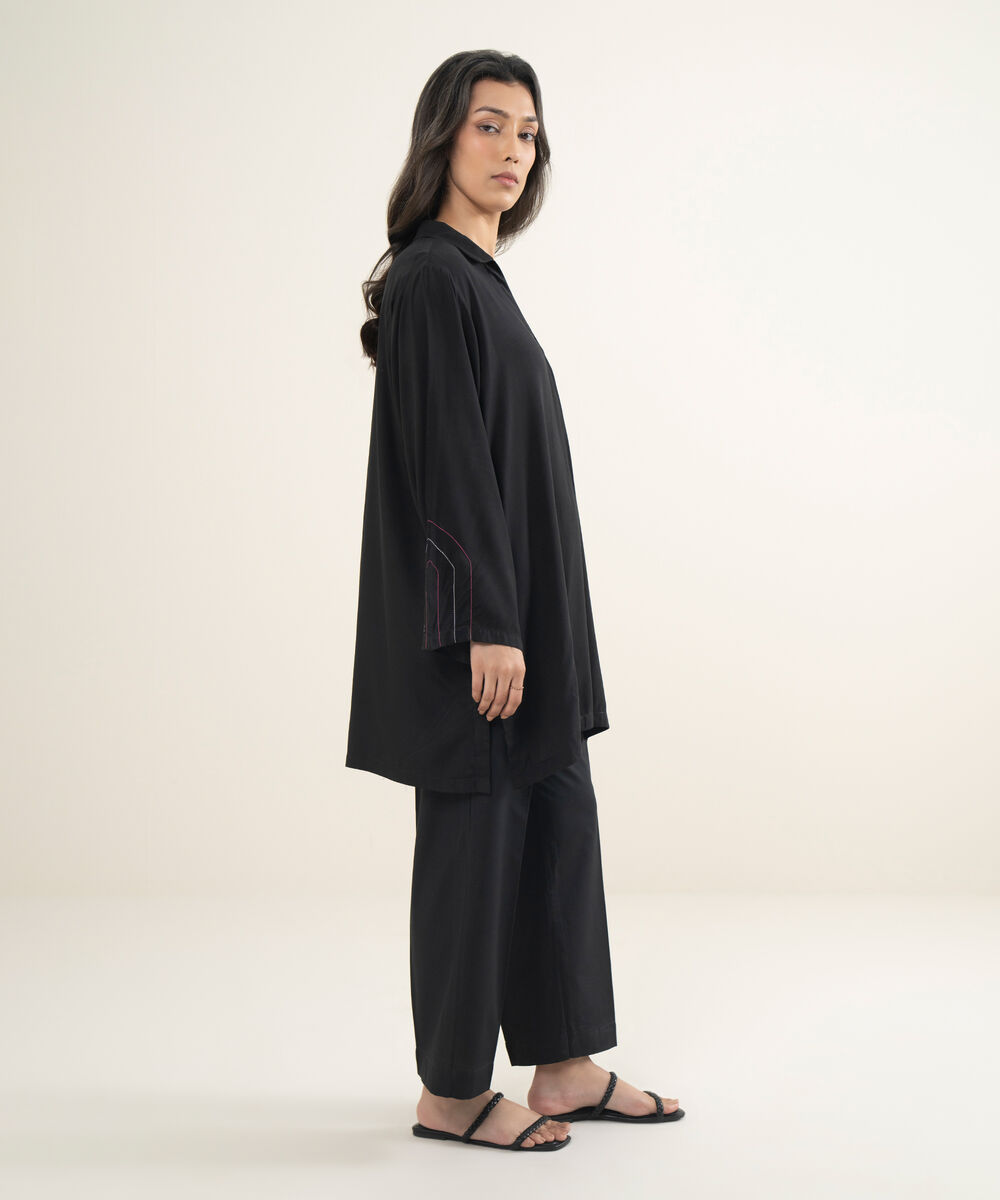 Women's RTW Arabic Lawn Solid Black Straight Shirt